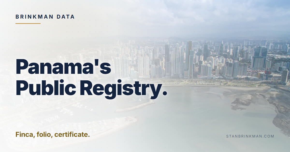 Panama's Public Registry. Finca, folio, certificate. Brinkman Data brand card.