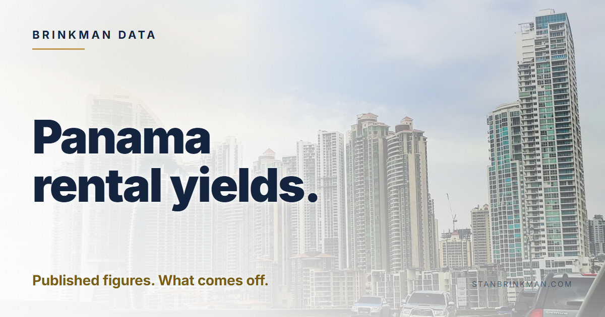 Panama rental yields. Published figures. What comes off. Brinkman Data brand card.