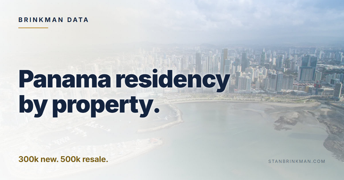 Panama residency by property. 300k new. 500k resale. Brinkman Data brand card.