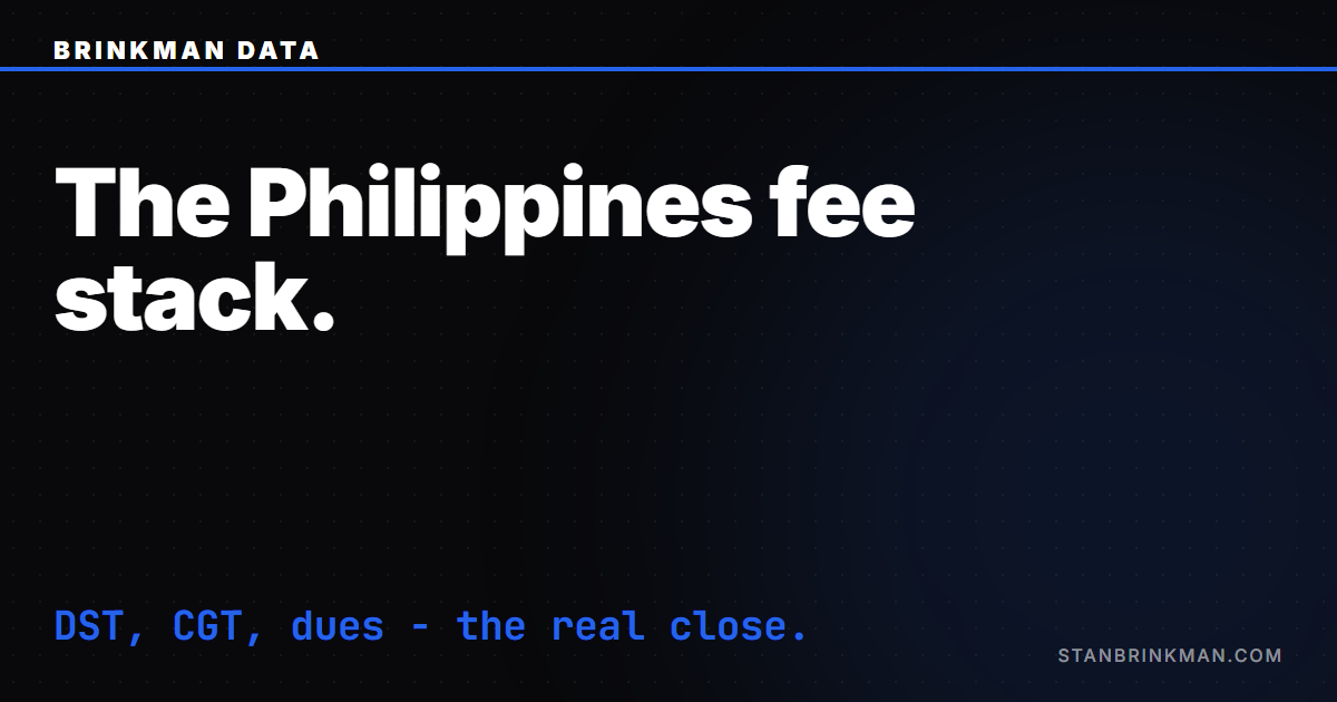 Philippines Condo Fee Stack - The VAT and CGT Trap. Brinkman Data SEO brand card.