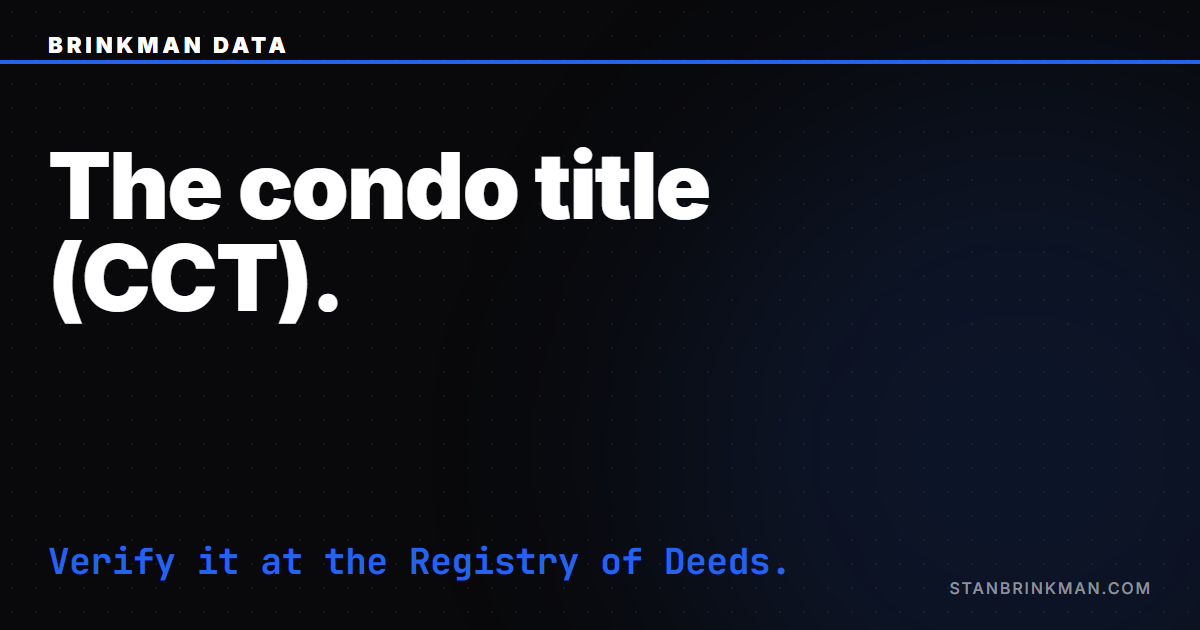 Philippines CCT — the condo title, verified at the Registry of Deeds. Brinkman Data SEO brand card.