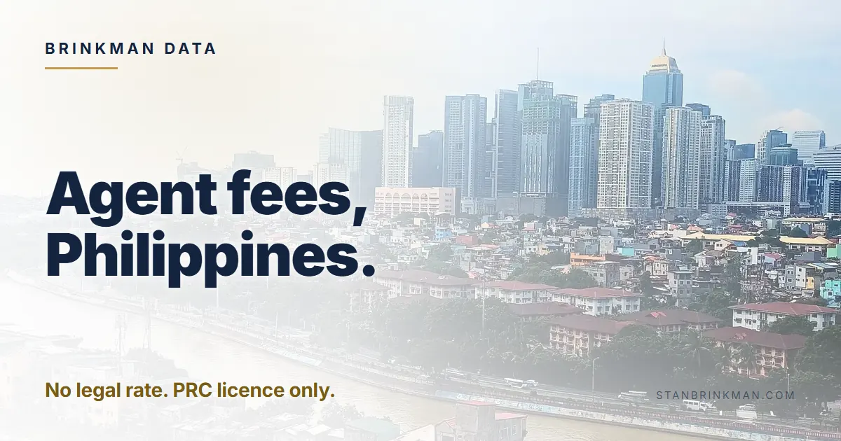 Agent fees in the Philippines. No legal rate. PRC licence only. Brinkman Data brand card.