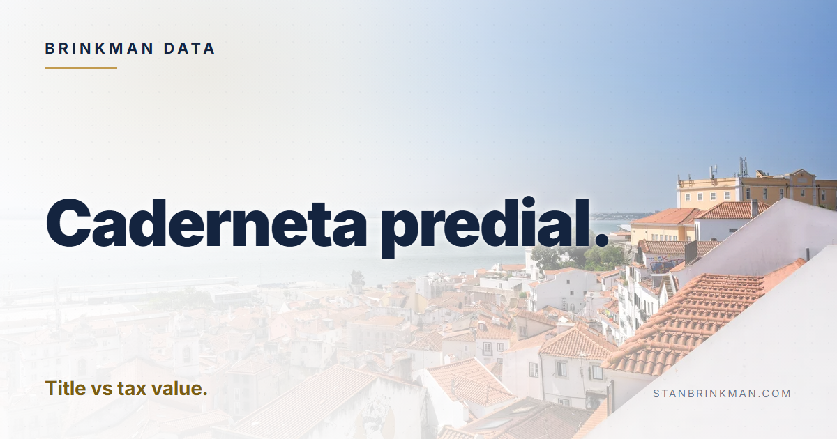 Caderneta predial. Title vs tax value. Brinkman Data brand card.