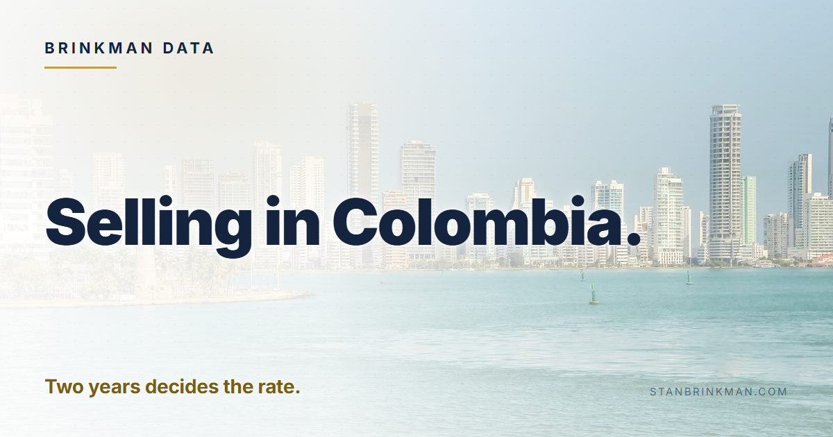 Selling in Colombia. Two years decides the rate. Brinkman Data brand card.