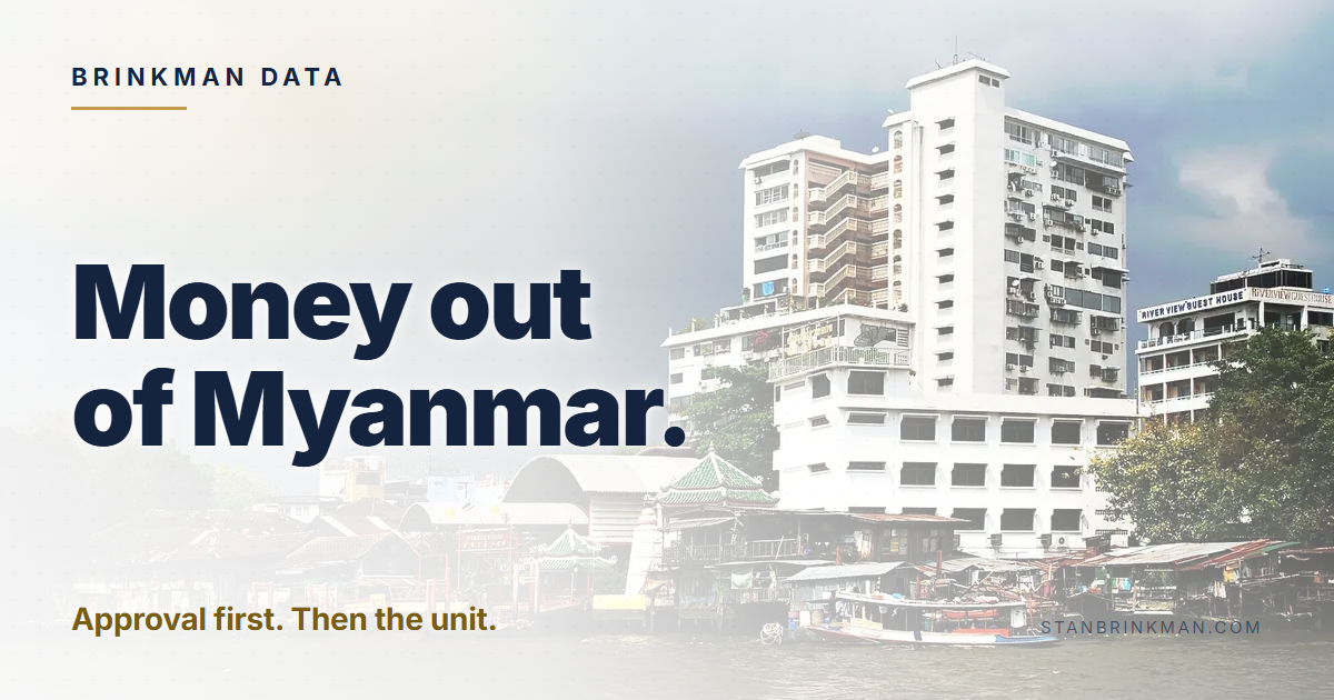Money out of Myanmar. The published rules, both ends. Brinkman Data brand card.