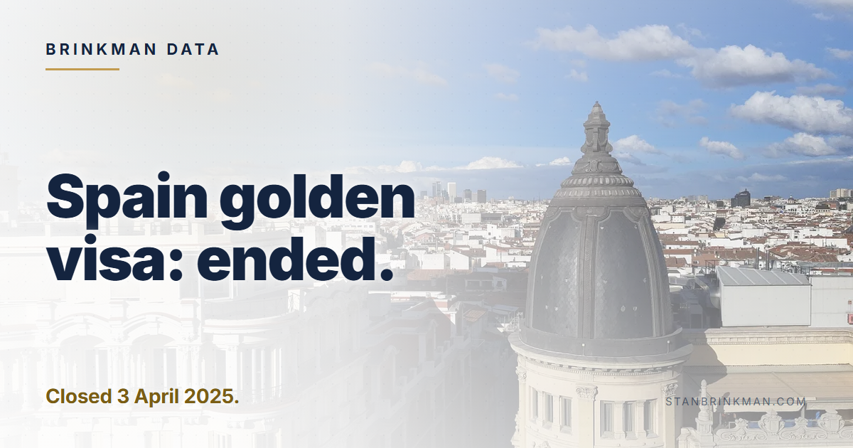 Spain golden visa: ended. Closed 3 April 2025. Brinkman Data brand card.