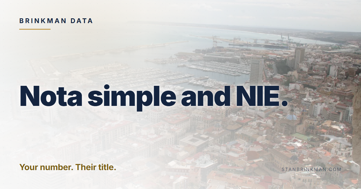 Nota simple and NIE. Your number. Their title. Brinkman Data brand card.