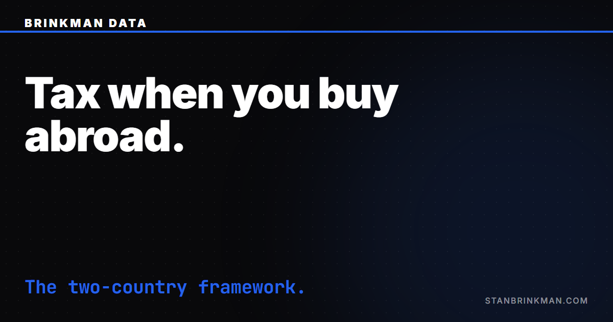 Tax implications of buying property abroad — the two-country exposure framework. Brinkman Data SEO brand card.