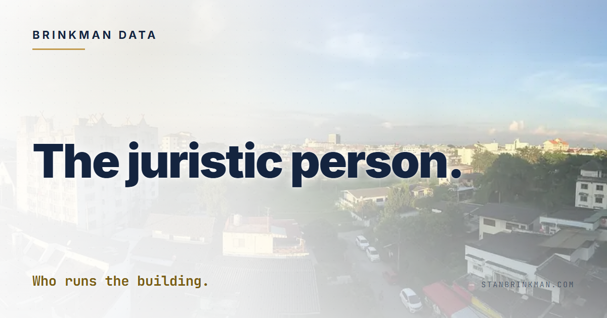 The condo juristic person. Ask it for three documents. Brinkman Data brand card.