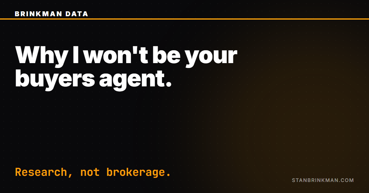 Why I won't be your buyers agent. Research, not brokerage. Brinkman Data SEO brand card.