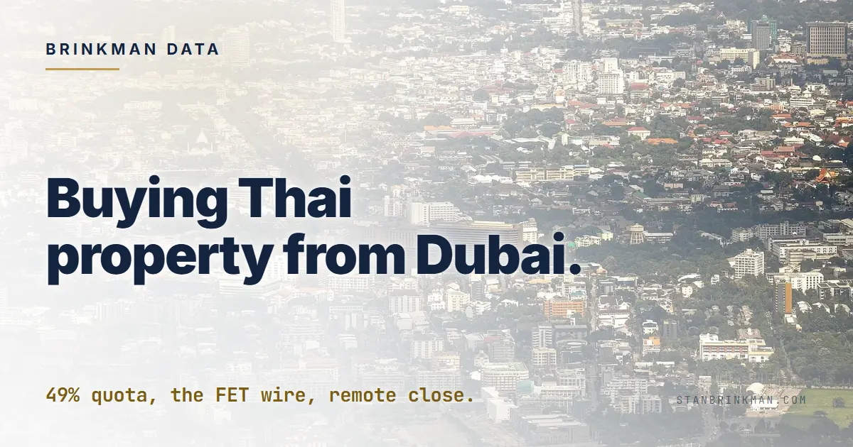 Thailand property investment from Dubai. The remote-buying mechanics for UAE-based buyers. Brinkman Data SEO brand card.