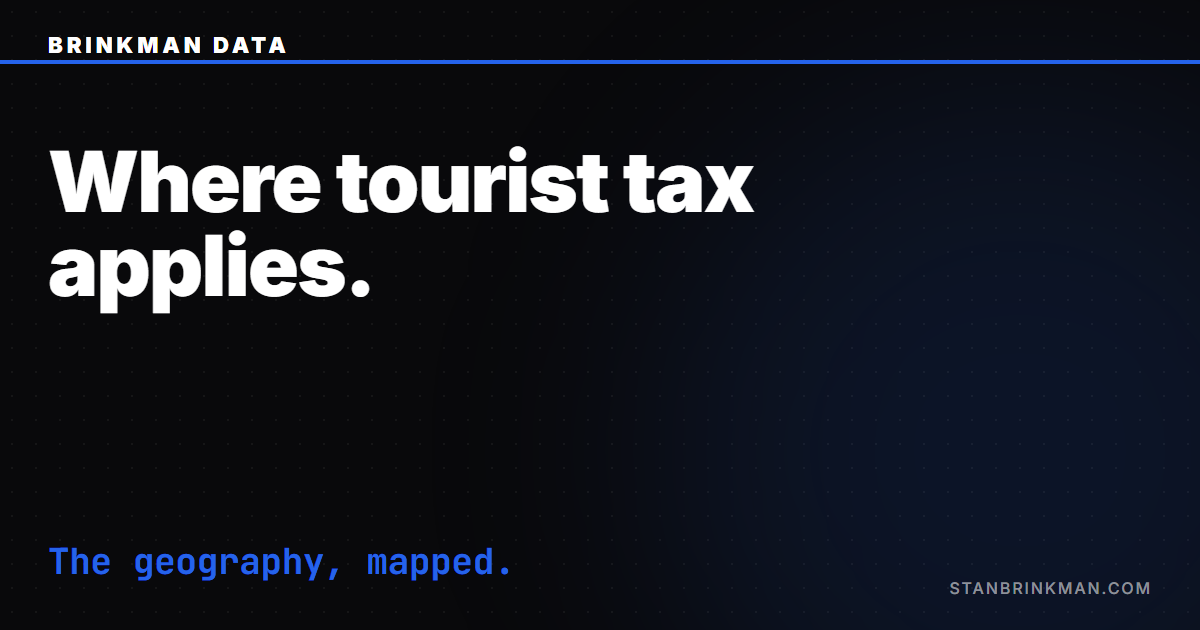 Where tourist tax applies — The geography, mapped. Brinkman Data SEO brand card.