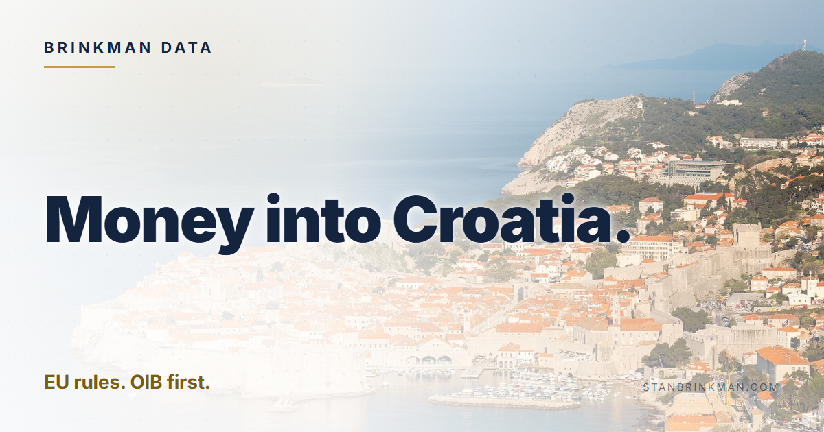 Money into Croatia. EU rules. OIB first. Brinkman Data brand card.