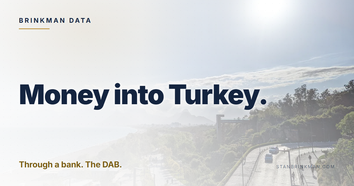 Money into Turkey. Through a bank. The DAB. Brinkman Data brand card.