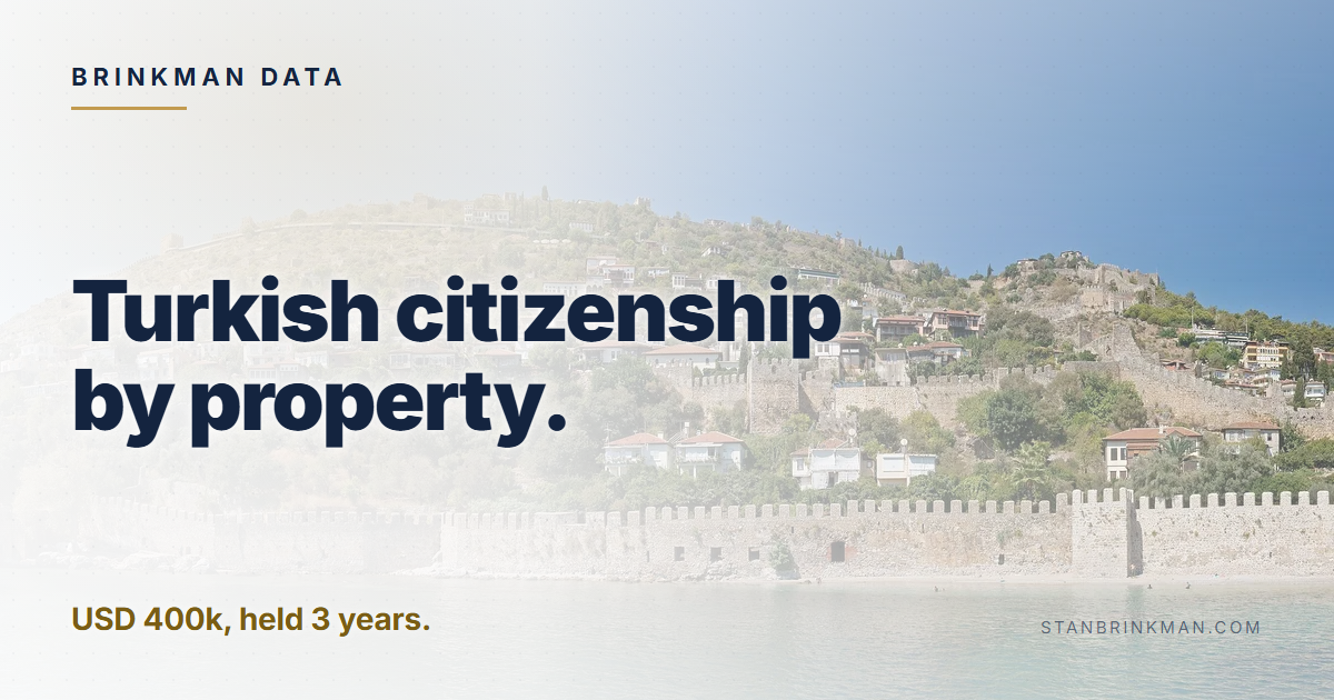 Turkish citizenship by property. USD 400k, held 3 years. Brinkman Data brand card.