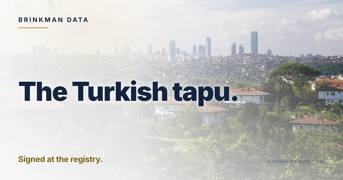 The Turkish tapu. Signed at the registry. Brinkman Data brand card.