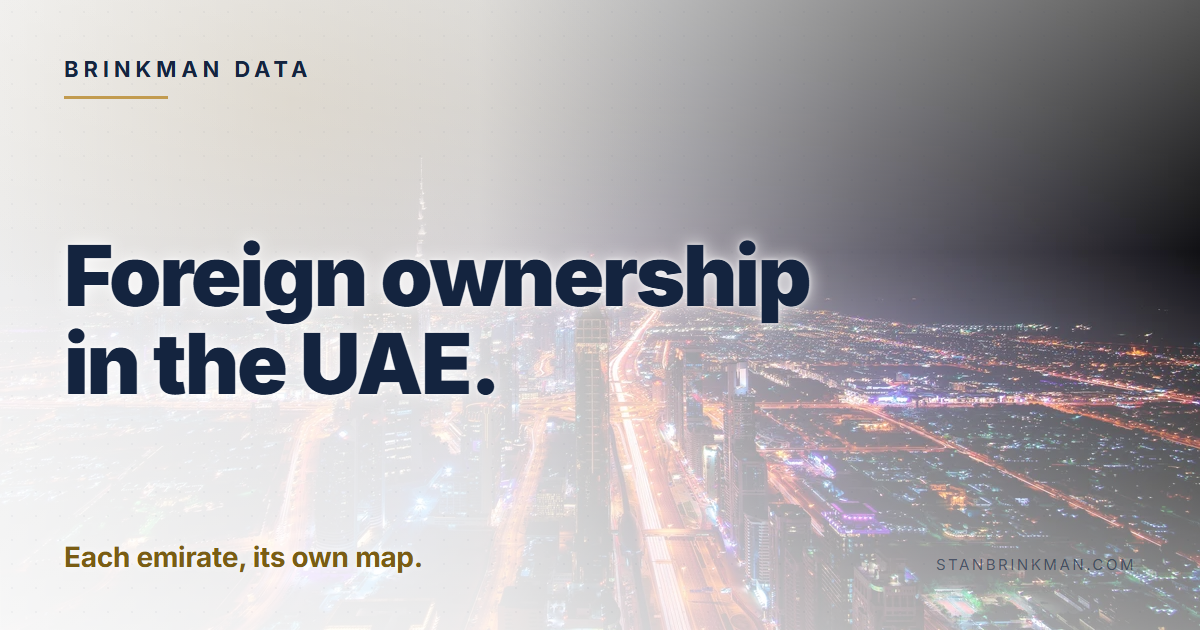 Foreign ownership in the UAE. Each emirate, its own map. Brinkman Data brand card.