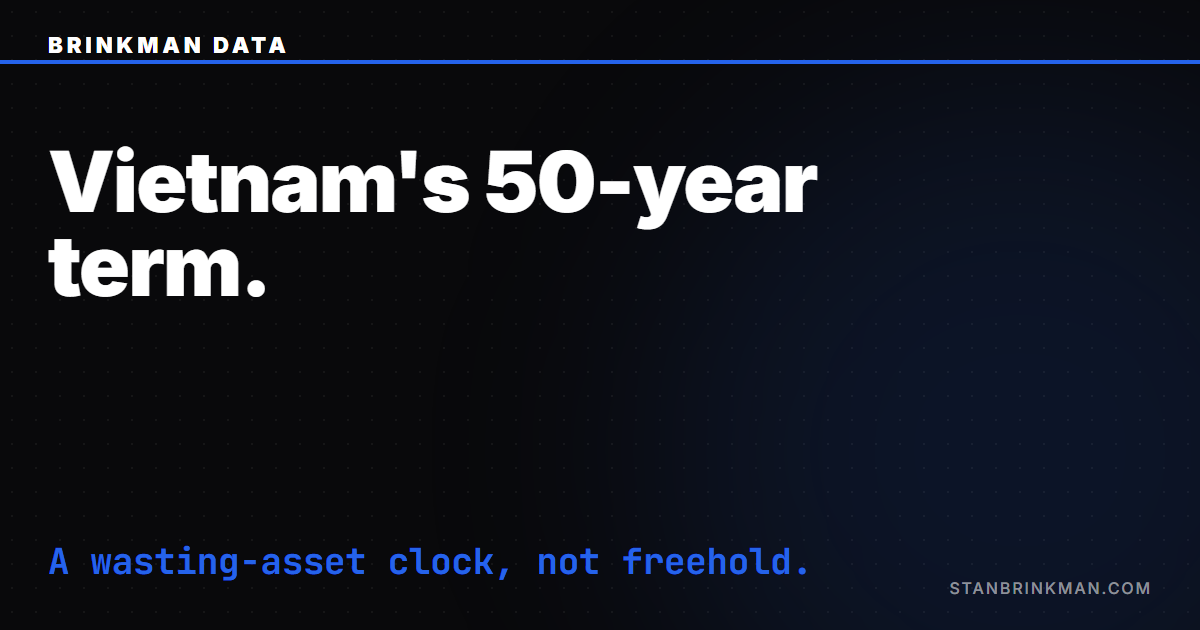 Vietnam 50-Year Term — the wasting-asset clock, not freehold. Brinkman Data SEO brand card.