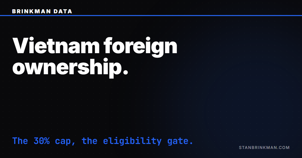 Vietnam Foreign Ownership — the 30% cap and what a foreigner can hold. Brinkman Data SEO brand card.
