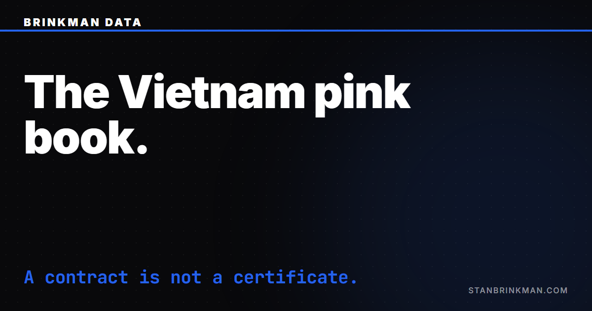Vietnam Pink Book — the certificate, not the contract. Brinkman Data SEO brand card.