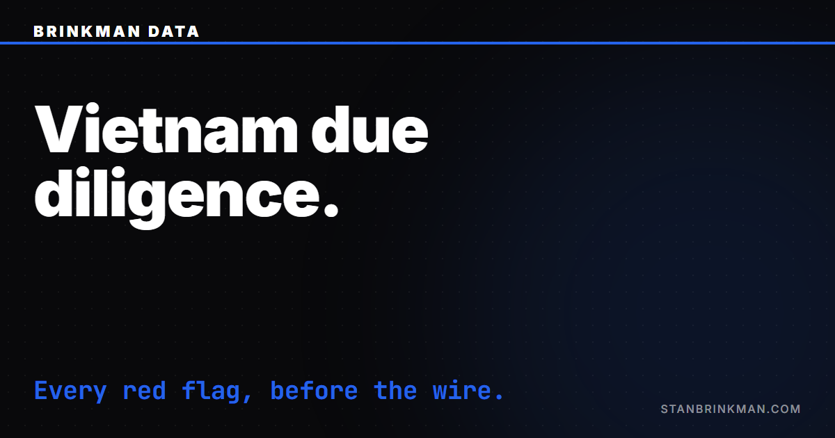 Vietnam Property Due Diligence — The 5-Step Pre-Wire Checklist. Brinkman Data SEO brand card.